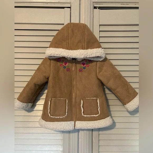 Little Me Girls Tan Suede Jacket Coat Floral Fleece Hoodie Zipper 18M Warm - Picture 2 of 12